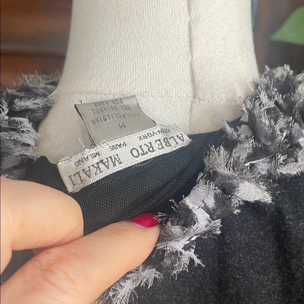Alberto Makali Black and White Faux Fur Floral Bedazzled Vest Medium Mixed Media